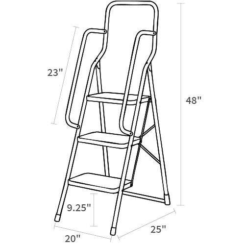 Product dimensions diagram showing front, side, and depth measurements