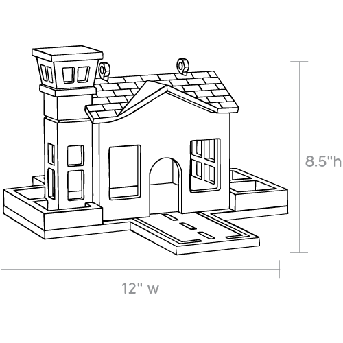 Product dimensions diagram showing front, side, and depth measurements