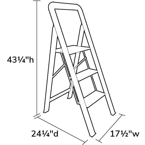 Product dimensions diagram showing front, side, and depth measurements