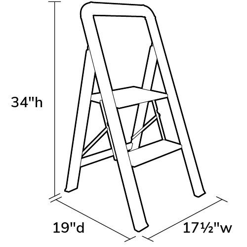 Product dimensions diagram showing front, side, and depth measurements