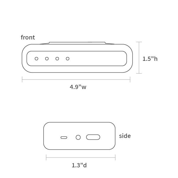 Product dimensions diagram showing front, side, and depth measurements