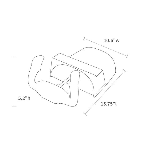Product dimensions diagram showing front, side, and depth measurements