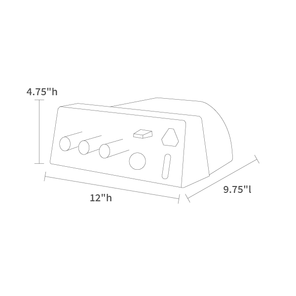Product dimensions diagram showing front, side, and depth measurements